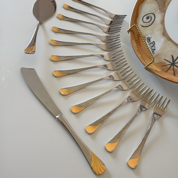 Vintage Gottinghen Cake Plate & 18/10 Stainless Silverware Set 24k Gold Plated - Picture 2 of 16